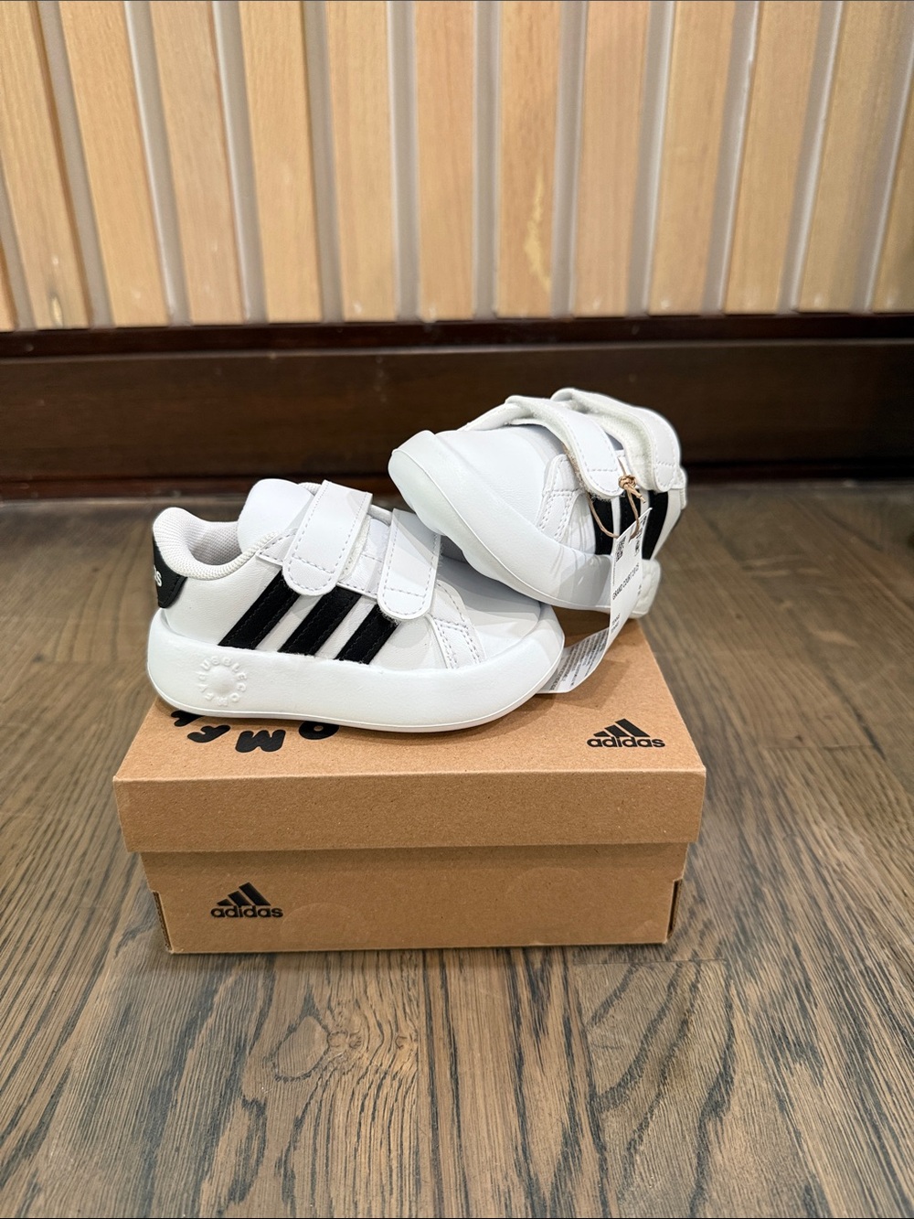adidas Kids White Sneakers with Black Stripes Velcro Closure